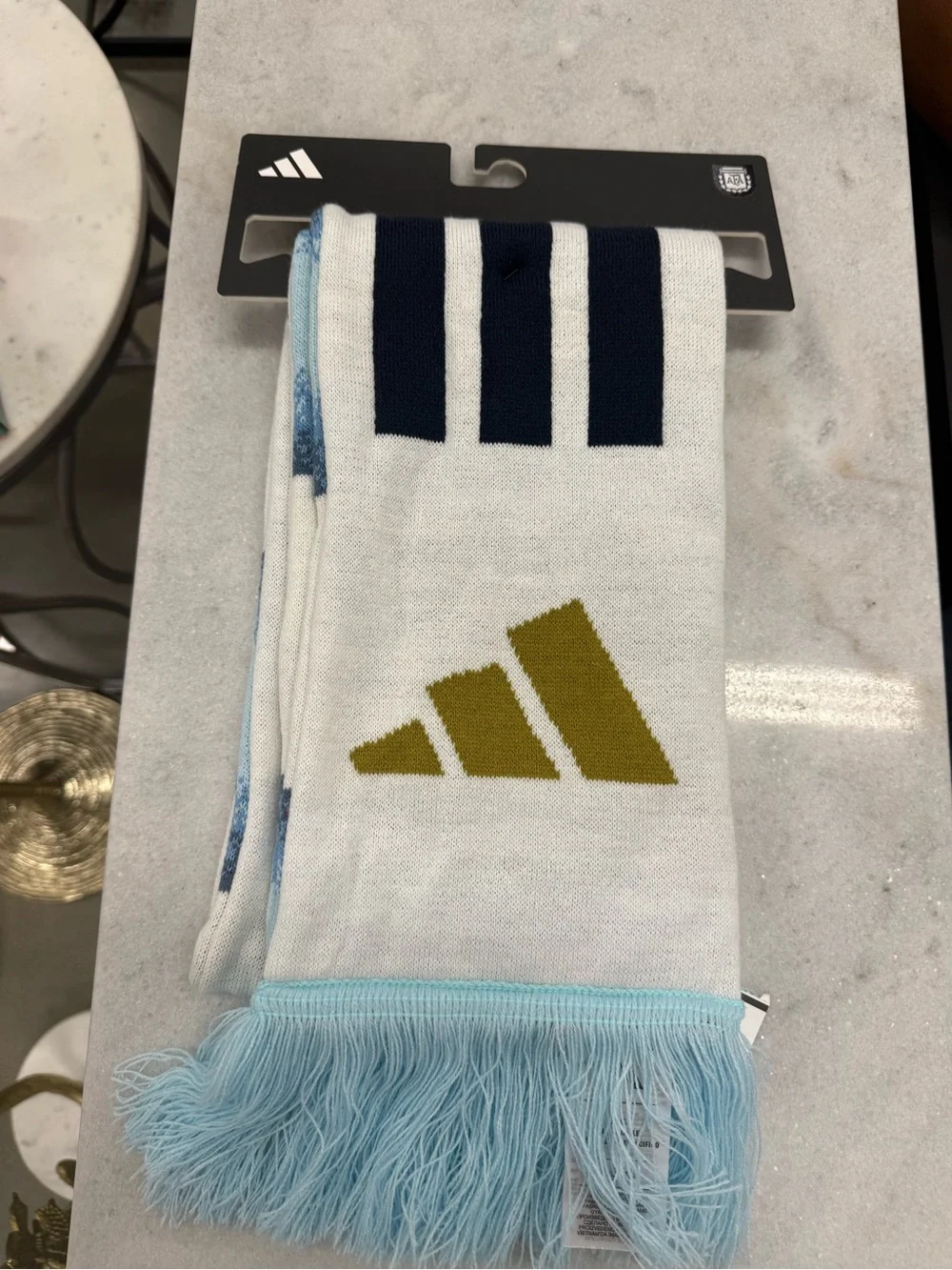 adidas Argentina White Scarf with Light Blue Fringe and Gold Logo